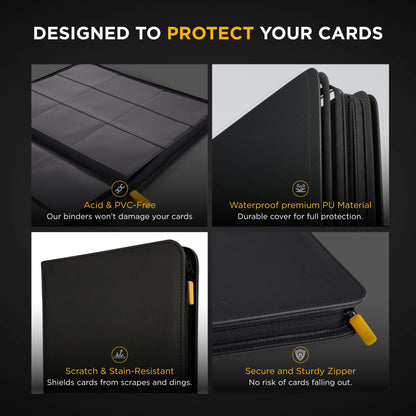 Card Guardian - 9 Pocket Premium Black Card Binder with Zipper for 360 Cards - Trading card binder with Side Loading Pockets for Trading Card Games -TCG Binder (Black)