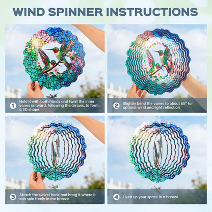 Hummingbird Wind Spinners Outdoor for Mother's Day, IDEA SHOW 12In Stainless Steel Wind Spinners, 3D Kinetic Hanging Spinners Sculpture for Women Mom, Metal Garden Decor Ornaments for Patio Yard Art
