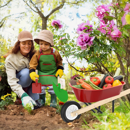 Qtioucp Kids Gardening Wheelbarrow Set, Metal & Wooden Garden Tools for Kids Ages 3-8, Real Wheelbarrows with Apron, Gloves & STEM Guide, Outdoor Backyard Garden Toy Gift (Wheelbarrow Garden Set)