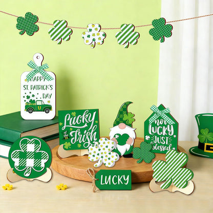 15PCS St. Patrick's Day Tray Decor Wooden Signs Table Centerpieces with Plush Gnome, Shamrock Pattern, Blessing Ornaments & 1 Mini String Light for St. Patrick's Day Party Tabletop Tray Decoration