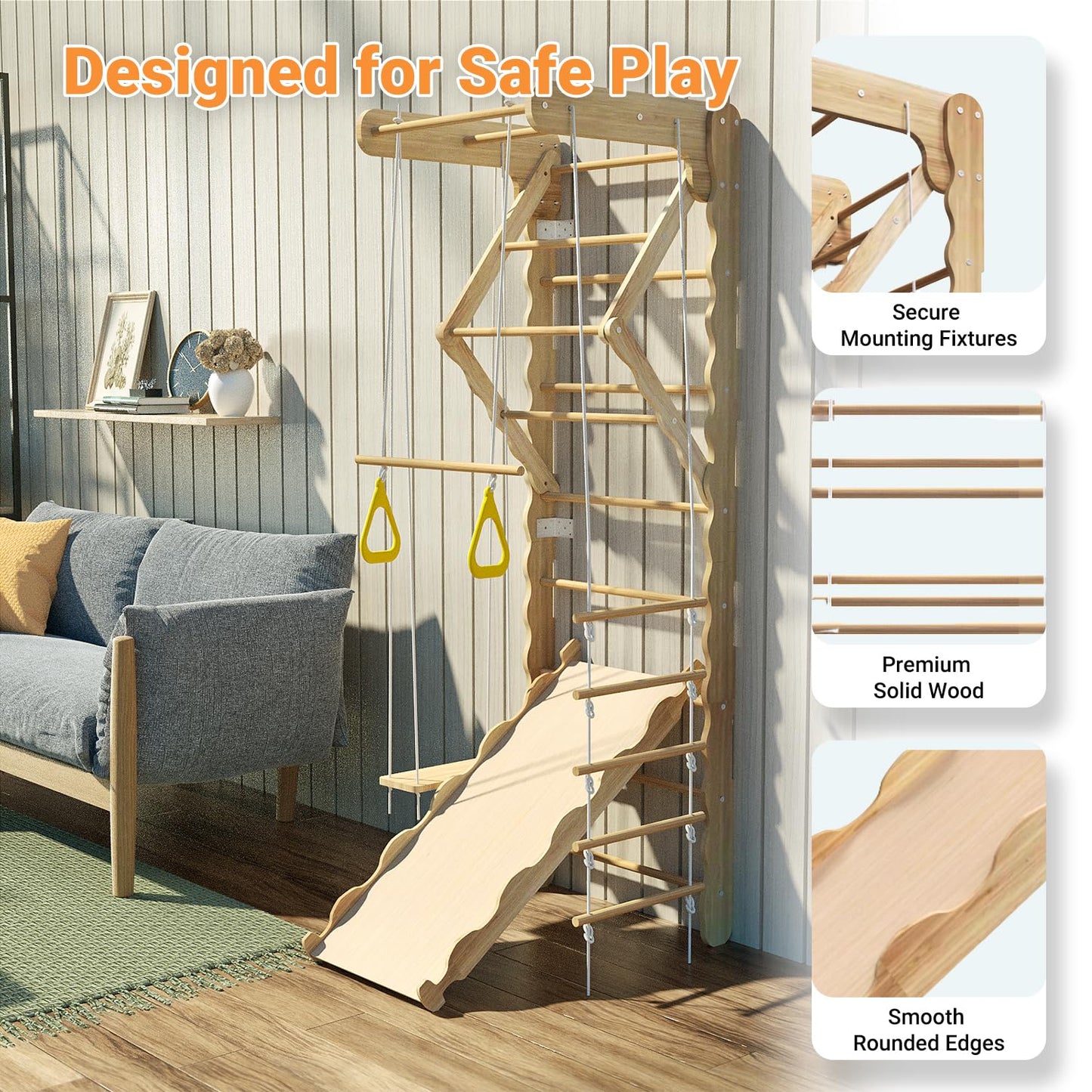 Mulinsonfly 5-in-1 Wooden Indoor Jungle Gym for Kids, Wall-Mounted Swedish Ladder with Pull-Up Bar, Rings, Swing, and Slide – Montessori-Inspired Kids Playset for Fun & Development, Ages 3-8