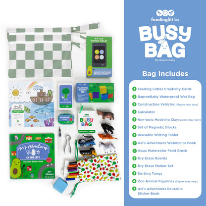 BapronBaby Feeding Littles Busy Bag (Sage Checkerboard) - Toddler Travel Activity Kit, Restaurant Activity Kit for Independent and Family-Wide Play, Age 3+