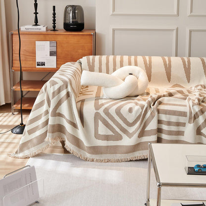TOYROOM Chenille Sofa Cover Armchair Couch Cover Reversible Throw Sofa Slipcover with Khaki Geometry Pattern, Non Slip Boho Sofa Cover with Tassels Resistant for Dog Pet Washable, 71" x 71"