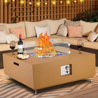Outdoor Fire Pit Table 36 Inch, Outdoor Fire Pit Patio Fireplace Heater with Thermostat, Iron Yellow Leather-Color Fire Pit with Glass Wind Shield, Crystal Stones, Covers & Handles