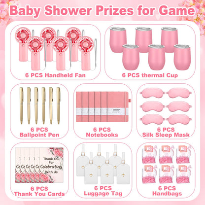 Talltalk 6 Sets Baby Shower Prizes for Game Wedding Bridal Shower Winners Gifts Guest Favors Luggage Tag Handheld Fan Cup Notebooks Silk Eye Mask Ballpoint Pen Card Bags(Pink)