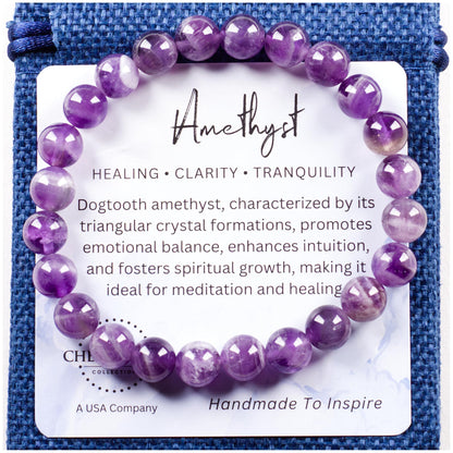 Cherry Tree Collection Dogtooth Amethyst Bracelet – Handmade 8mm Genuine Amethyst Beaded Bracelet for Men & Women – Healing, Protection & Positive Energy (Medium)