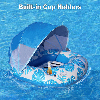 COOLCOOLDEE Pool Float with Canopy for Adults,Inflatable Lounge Chair with UPF 50+ Sun Protection,Backrest and Legrest,Blue