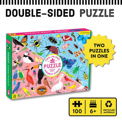 Mudpuppy Bugs and Birds Double-Sided Puzzle, 100 Pieces, 22” x 16.5” – Perfect Family Puzzle for Ages 6+ - Colorful Illustrations of Birds on One Side and Bugs on the Other, Multicolor (0735363749)