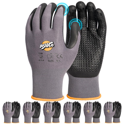 MSNCO Safety Work Gloves 6/12 Pairs Micro Foam Nitrile Coated Endurance Seamless Knit Nylon ，Wear-resistant mechanical gloves with raised dots L Bump
