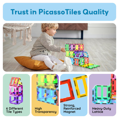 PicassoTiles 42pcs Magnetic Tiles Magnet Blocks See-Through Shape STEM Toys Building Block Educational Playset Compatible with Major Brand Tile -Starter Set for Boys and Girls Toddlers Ages 3+ PT42