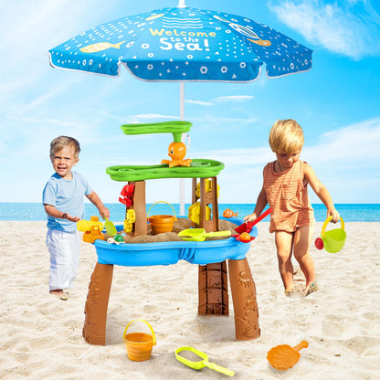 ZACEAC Water Table for Toddlers 3-5 with Umbrella Outdoor Toys for Kids Ages 4-8 Kids Sand Water Table with Fishing Game Set Activity Sensory Table with Water Pump Summer Gift for Kids