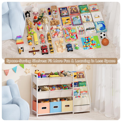 HAVLOTII Toy Storage Organizer - Kids Bookshelf and Toy Storage with 3 Book Shelf and 10 Storage Bins, Montessori Playroom Storage for Toddler, Baby, Book Shelf for Kids Rooms