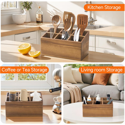 ONEARF Wooden Utensil Holder Counter, Kitchen Utensil Organizer Large 6 Compartment Cooking Utensils Holder, Acacia Rustic Wood Farmhouse Storage Container Crocks for Silverware and Cooker Set