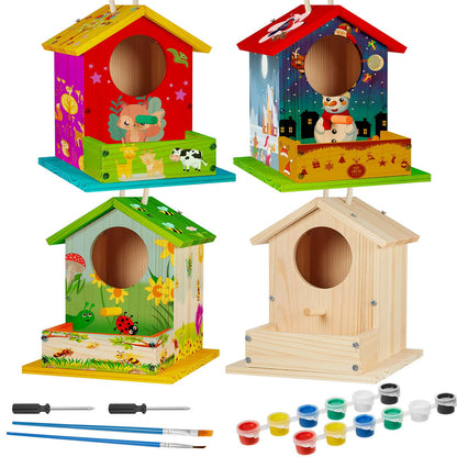 Liliful 4 Pack DIY Wooden Birdhouse Kit, Crafts for Kids and Adults, Bird House with Paint and Paintbrushes Painting Kits for Boys and Girls, Spring Birthday Classroom Gifts for Ages 4-8