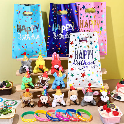 Seenelling 48 Pcs Happy Birthday Party Gift for Students, Return Gifts for Birthday Stuffed Animal Silicone Wristbands Badge Stickers for Party Goodie Bags Teachers Classroom Reward