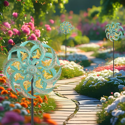 Jusimux Metal Wind Spinner Outdoor, Golden Butterfly Kinetic Wind Sculpture Spinners with Metal Stake, Yard Art Decor for Patio, Lawn & Garden, Creative Gifts 57.5 * 13.4 Inch
