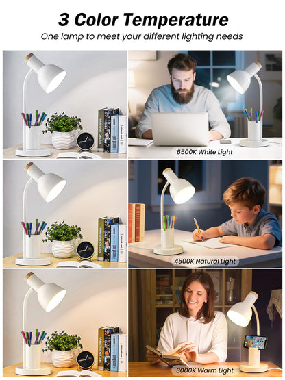 Desk Lamp, LED Desk Lamps for Home Office, 3 Color Modes Eye-Caring Reading Light, Flexible Gooseneck Desk Light with Pen Holder, Table Lamp for Bedroom Bedside College Dorm Study Room (White lamp)