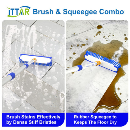 ITTAR 55" Extendable Floor Scrub Brush, 12" Wide Heavy-Duty 2-in-1 Scrub & Squeegee Deck Brush for Tile Grout Shower Floor, Kitchen, Restaurant, Patio & Garage Cleaning