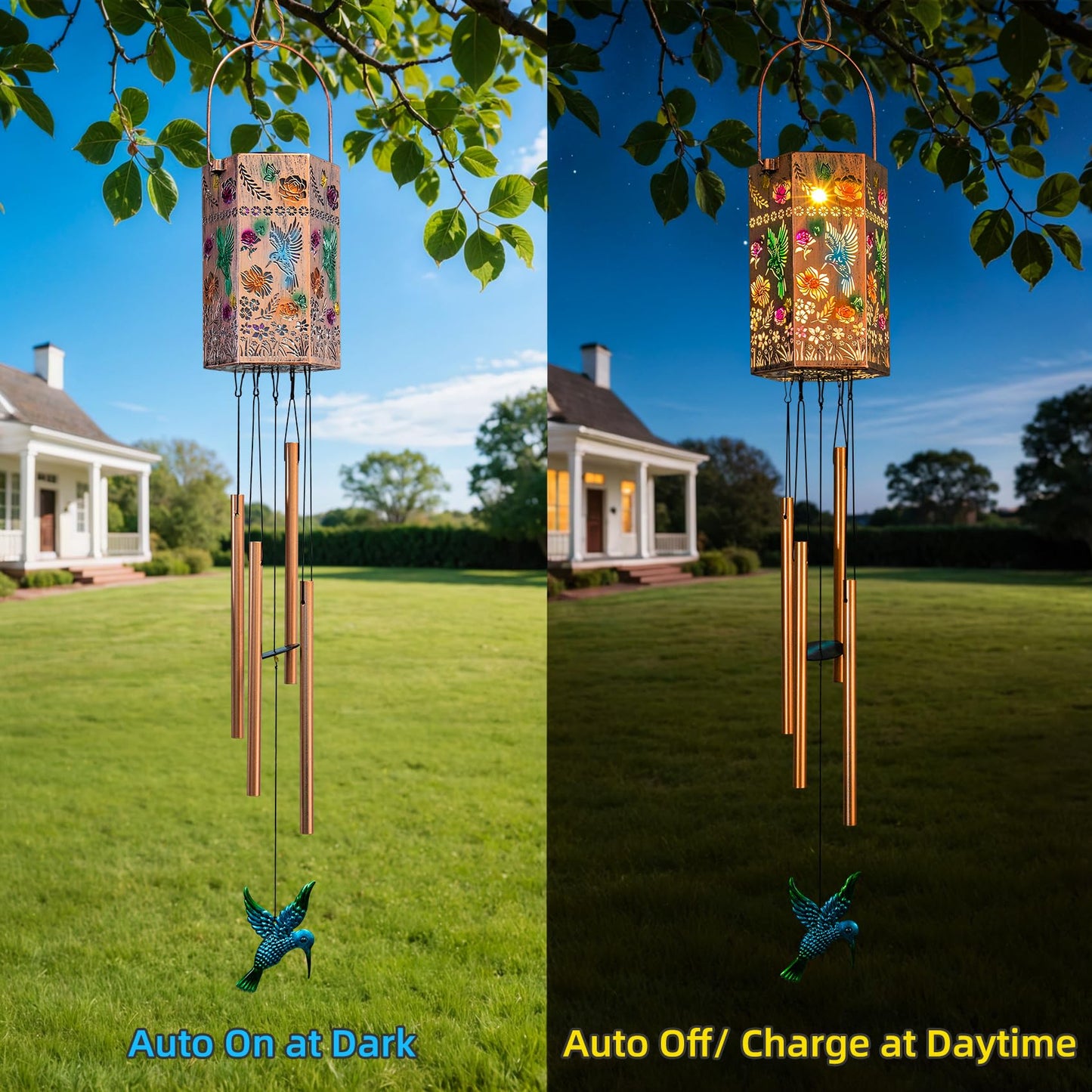 Hummingbird Solar Wind Chimes for Outside, Outdoor Solar Garden Decor Hanging Lantern for Balcony Porch Patio Backyard