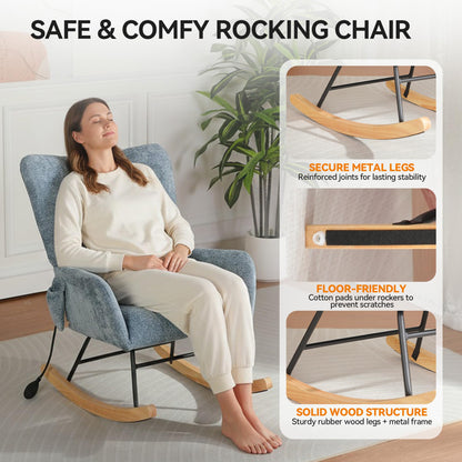 ETCZOYE Rocking Chair with Airbag, Comfy Modern Reading & Nursing Nursery Rocking Chair Indoor, Cozy Upholstered Glider Rocker Chairs for Living Room Bedroom Offices, (Chenille, Blue)