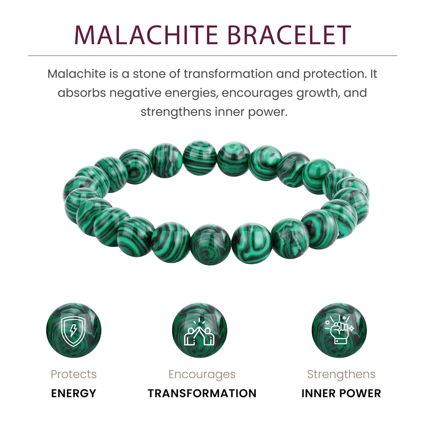 Crystal Vibe Malachite Bracelet for Protection & Growth – Natural Healing Stone 8mm Beaded Bracelet for Women Men – Adjustable Size