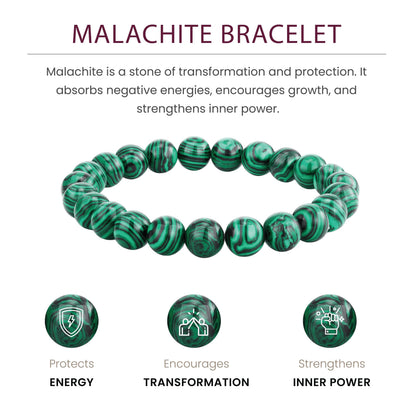 Crystal Vibe Malachite Bracelet for Protection & Growth – Natural Healing Stone 8mm Beaded Bracelet for Women Men – Adjustable Size