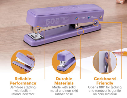 Bostitch Titan Heavy Duty Metal Stapler, 50 Sheet Capacity with 1250 Staples and Ergonomic Staple Remover, Jam Free Stapling, Full Strip Stapler for Desk, Office and Classroom, Purple