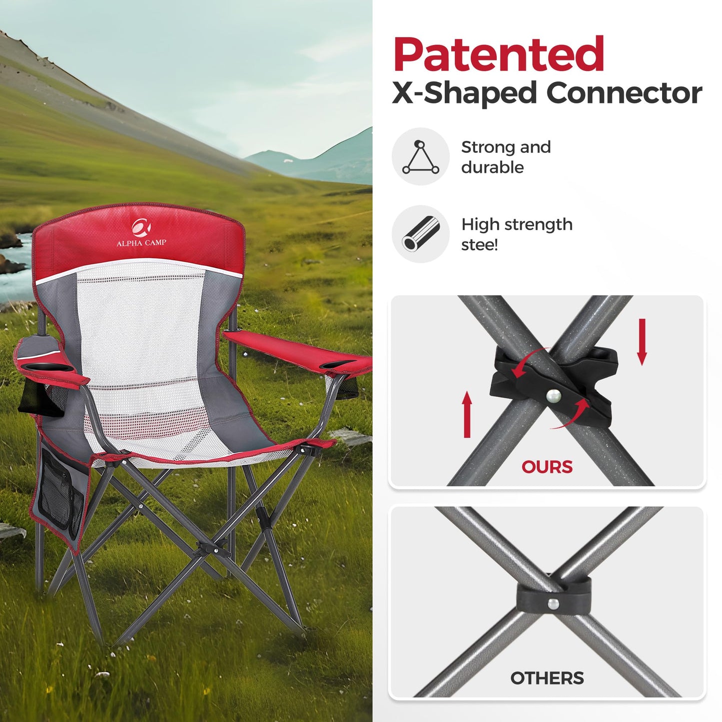 ALPHA CAMP 2PC Oversized Mesh Back Camping Folding Chair Heavy Duty Support 350 LBS Collapsible Steel Frame Quad Chair Padded Arm Chair with Cup Holder Portable for Outdoor (Red-2PC)