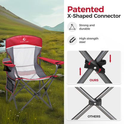 ALPHA CAMP 2PC Oversized Mesh Back Camping Folding Chair Heavy Duty Support 350 LBS Collapsible Steel Frame Quad Chair Padded Arm Chair with Cup Holder Portable for Outdoor (Red-2PC)
