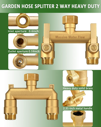 Hose Splitter 2 Way Heavy Duty, Solid Brass Full Flow Outdoor Faucet and Garden Hose Splitters, Water Spigot Splitter T Adapter, All Metal Water Connector with Shut-Off Valve, 3/4 - Inch GHT Thread