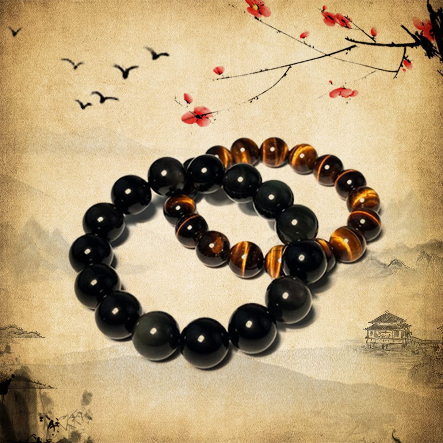 Ruishupin Natural obsidian bracelet,Tigers eye black obsidian 8/10/12/13mm beads bracelet for men and women, Jewelry Healing elasticized Bracelets Bring Luck and happyness Prosperity.Mom/Dad/Wife/Employee gift