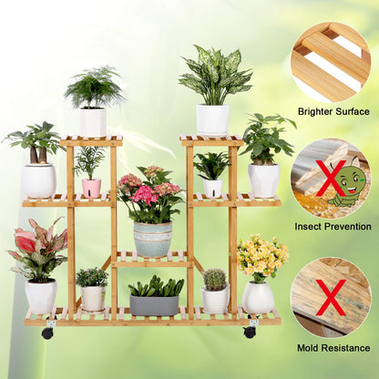 Bamboo Plant Stand Rack with Wheels 4 Tier Indoor&Outdoor Rolling Plant Flower Pots Holder Shelf Planter Display Shelving Unit for Patio Garden, Living Room, Corner Balcony and Bedroom (13 Flowerpots)