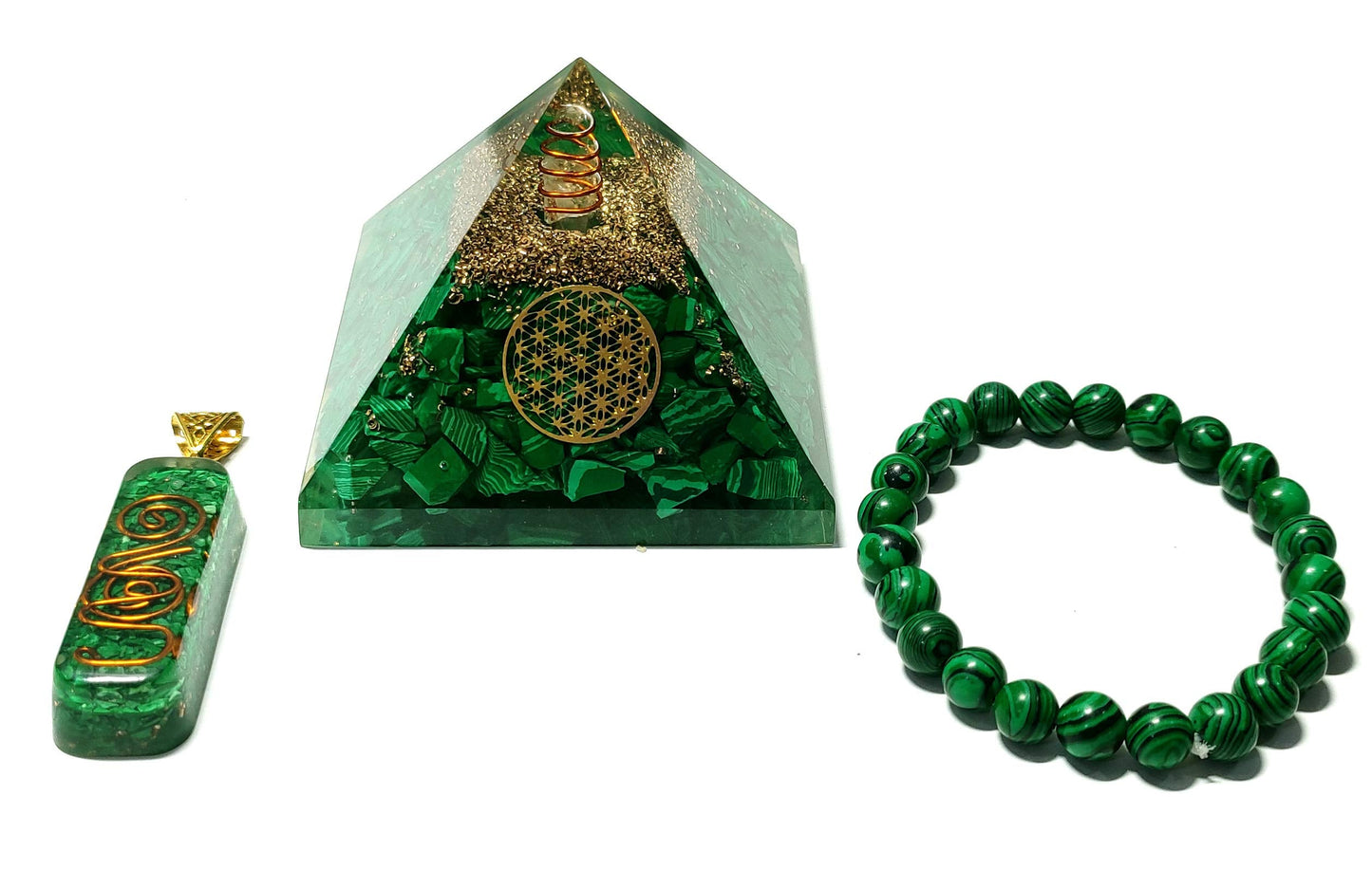 Sawcart Malachite Green Crystal Orgone Pyramid with Flower of Life Symbol, Stone Bracelet & Pendant Necklace Combo for Aura Cleansing, Reiki Spiritual Healing, Energy Generator, Yoga Meditation