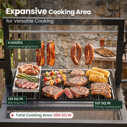 Argentine Santa Maria Grill, Wood Fire & Charcoal BBQ Grill with Adjustable Height Grates, Argentinian Open Fire Grill with S-Hooks and Foldable Front Table for Outdoor Patio Backyard Gaucho Grilling