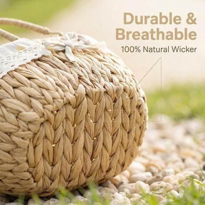 Oval Wicker Picnic Basket with Folding Handles and Lining for 2, Handwoven Water Hyacinth Hamper,Willow Hand Woven Shopping Basket, Bath Storage Camping Outdoor Beach Gift