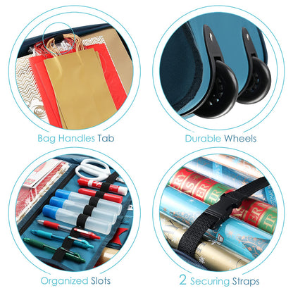 Hearth & Harbor Wrapping Paper Storage Container with Ribbon Dispenser and Interior Pockets - Large Christmas Storage Containers with Wheels, Fits 30 Rolls of 40" Length, Blue