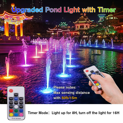 POPOSOAP RGB Underwater Pond Lights with Timer, 20 Colors Dimmable Submersible Led Fountain Lights with IP68 Waterproof, Support Remote Control for Outdoor Ponds Aquarium Garden Pool (4 Set)