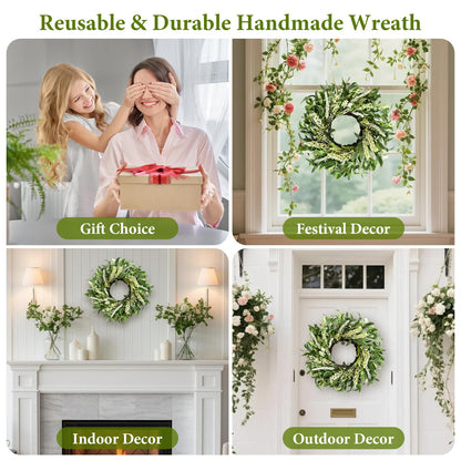 Greenery Spring Wreath for Front Door, 26 Inch Large Wreath with Artificial Eucalyptus Leaves and Cream Ear of Grain, All Season Spring Wreath for Wedding Rustic Modern Farmhouse Home Decor