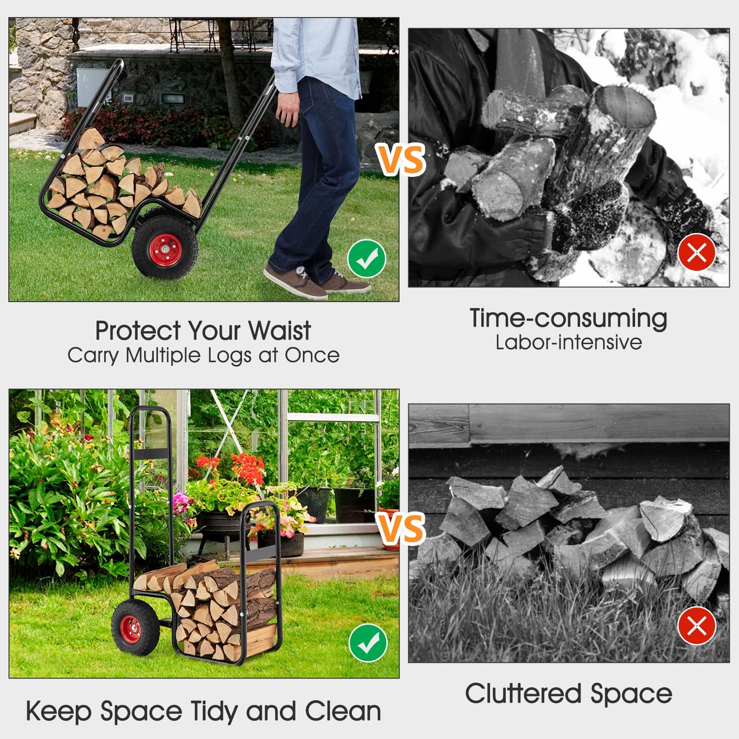 Goplus Firewood Cart with Wheels, Outdoor Indoor Rolling Fire Wood Log Cart with Pneumatic Rubber Tiers, 220 LBS Load Capacity Heavy Duty Steel Wood Storage Hauler, Log Holder Rack for Fireplace