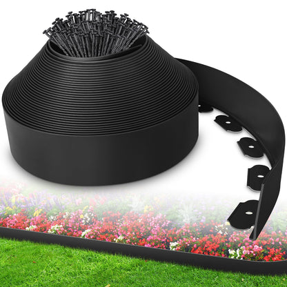 4-Inch x 100 FT Landscape Edging Border with 150 Stakes, Plastic Garden Edging Border Kit, Flexible No Dig Lawn Edging Border for Garden Flower Beds Yard Pathway Paver (Black)