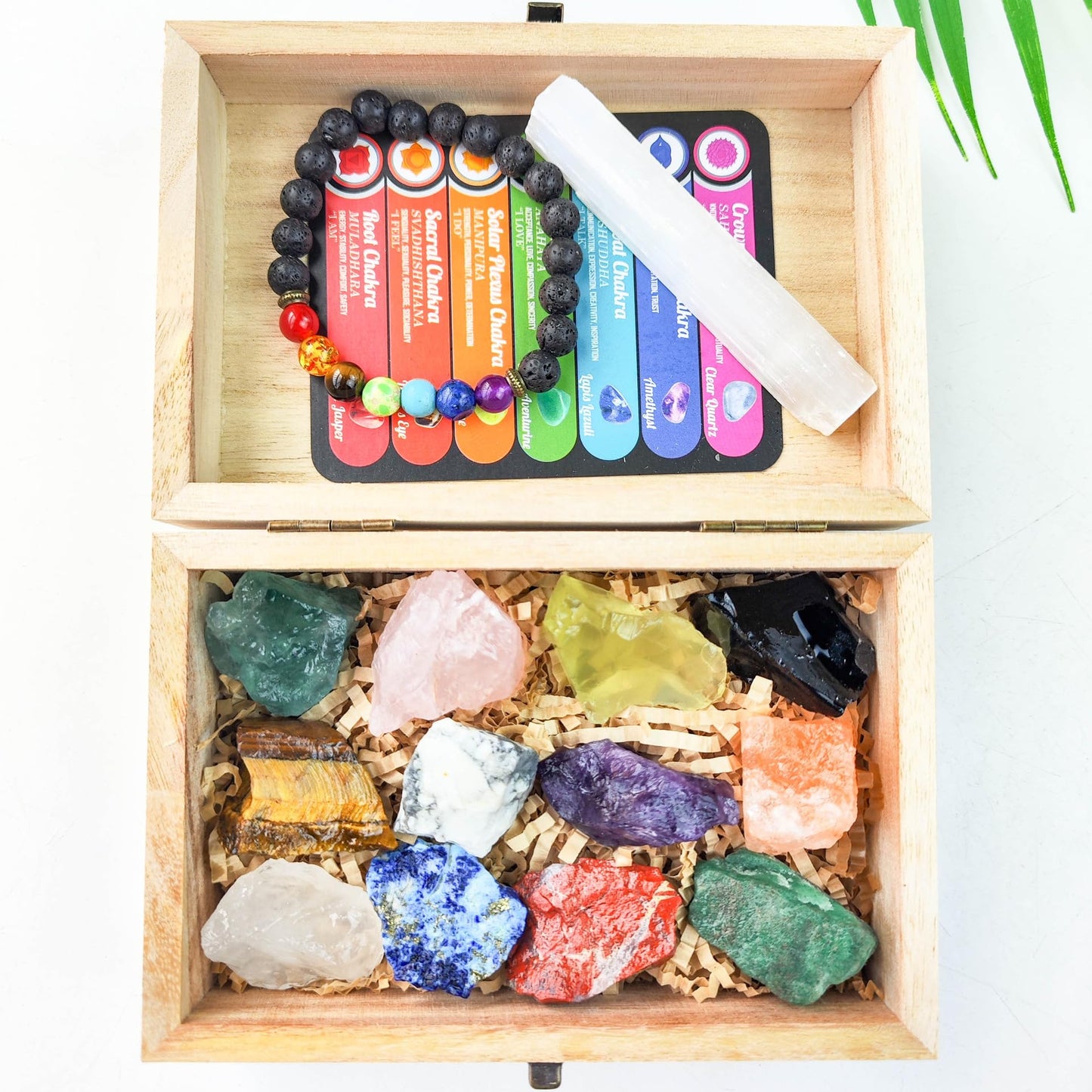 Healing Crystals Set – 12 Raw Chakra Stones & Selenite Stick&Obsidian bracelet | Unpolished Natural Crystals for Energy Balance, Meditation, Yoga, Reiki | Includes Wooden Box, Spiritual Gifts