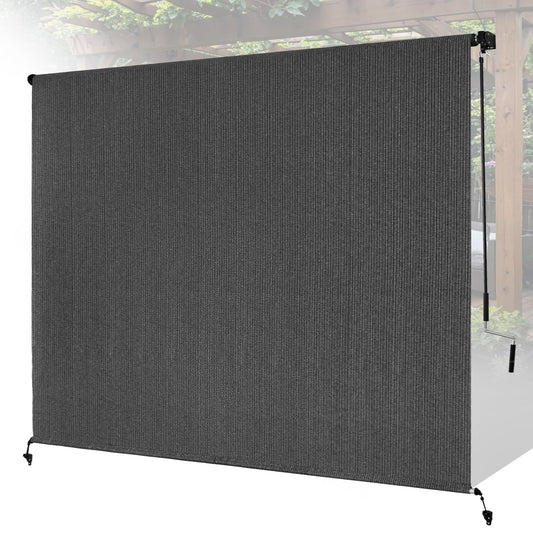 Breezombra 8'W x 8'H Gray Patio Shades Roll up Outdoor Roller Shade Crank Wand Blind Cordless, 90% UV Blocking & Privacy Protection for Porch|Gazebo|Pergola|Backyard (2 Splicing Tube, 1 Fabric)