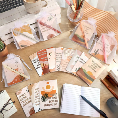 Mooliwe 24 Set/ 48 Pcs Positive Affirmation Gift Set Gratitude Notebooks with Pens Small Bags Motivational Encouragement Notepads Daily Affirmations Journal for Women Stress Relief Self Care (Rustic)