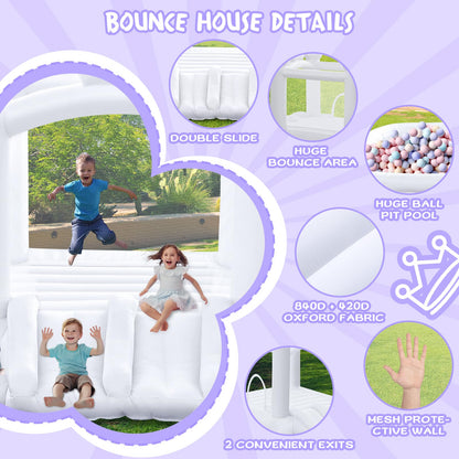 FINCOME White Bounce House, Inflatable Bounce Castle with Double Slide Ball Pit 370W Blower Bouncer for Toddler, Bounce House Bouncy Castle for Indoor Outdoor Backyard Wedding Kids Birthday Party
