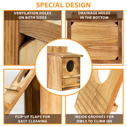 Screech Owl House, Owl Bird Box Large Handmade Wooden Circular Opening Screech Box for Outside with Mounting Screws and A Bag of Wood Shavings, Easy Assembly Required (Brown, 9" x 14.5")