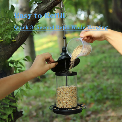 KiRuan Deco Bird Feeders for Outdoors,Hanging Bird Feeder with Locking Lid, Metal Birdfeeder with 17.5cm Weatherproof Large Roof&Tray,3 Feeding Perches,Chew-Proof, Black,1 Pack