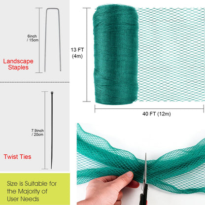 Bird Netting for Garden Protection, 13 x 40 FT Heavy Duty Garden Netting with Ties and Landscape Staples for Vegetable, Fruit Trees & Other Plants Against Birds Deer Squirrels and Poultry