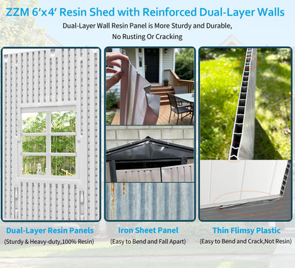 ZZM Outdoor Storage Shed 6x4 Ft, All-Weather Resistant Resin Garden Sheds & Outdoor Storage Clearance with Floor and Windows, Double-layer Plastic Tool Shed for Backyard, Patio & Lawn (Gray,Flat Roof)