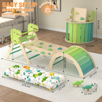 KidsBuddy Pikler Triangle Set with Cushion 9 in 1 Climbing Toys for Toddlers 1-3 Indoor Baby Climbing Gym Toddler Montessori Toys Wooden Toy with Maze Toy, Shape Sorter, Dinosaur Car