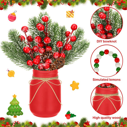 Jexine 12 Pcs Christmas Mason Jar Centerpieces Table Decor with Artificial Snow Pine Cone Red Berry Xmas Wooden Sign for Holiday Farmhouse Home Dining Table Kitchen Tiered Tray Decor